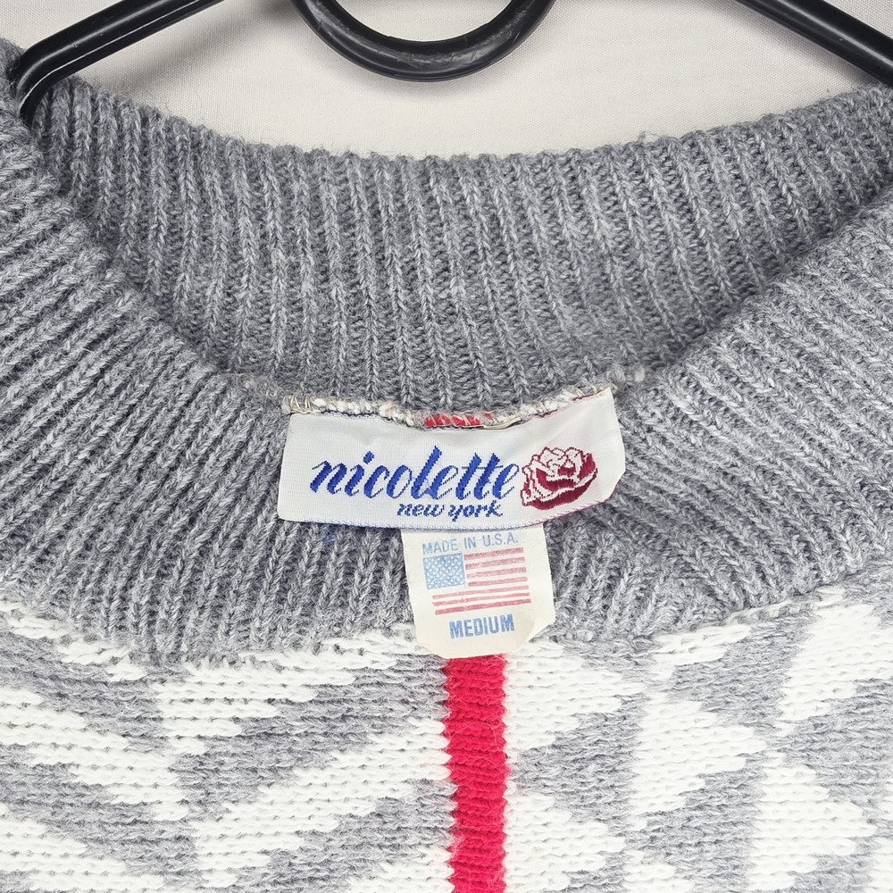 Vintage 1980's Nicolette New York Knit Geometric Sweater Grey/white MED - Picture 3 of 7